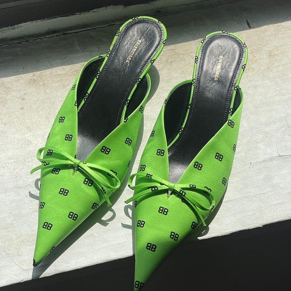 Balenciaga Knife Kitten Heel Mules in Logo Print Lime Green